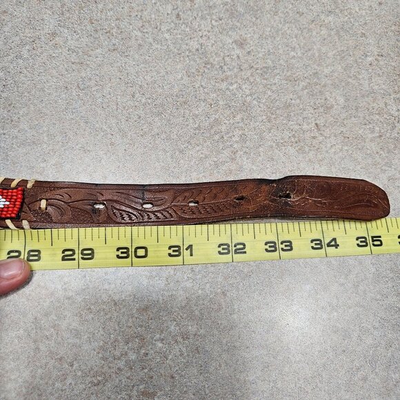 Vintage Tooled Steerhide Leather Belt With Beaded Design Metal Buckle 32" - Picture 7 of 7